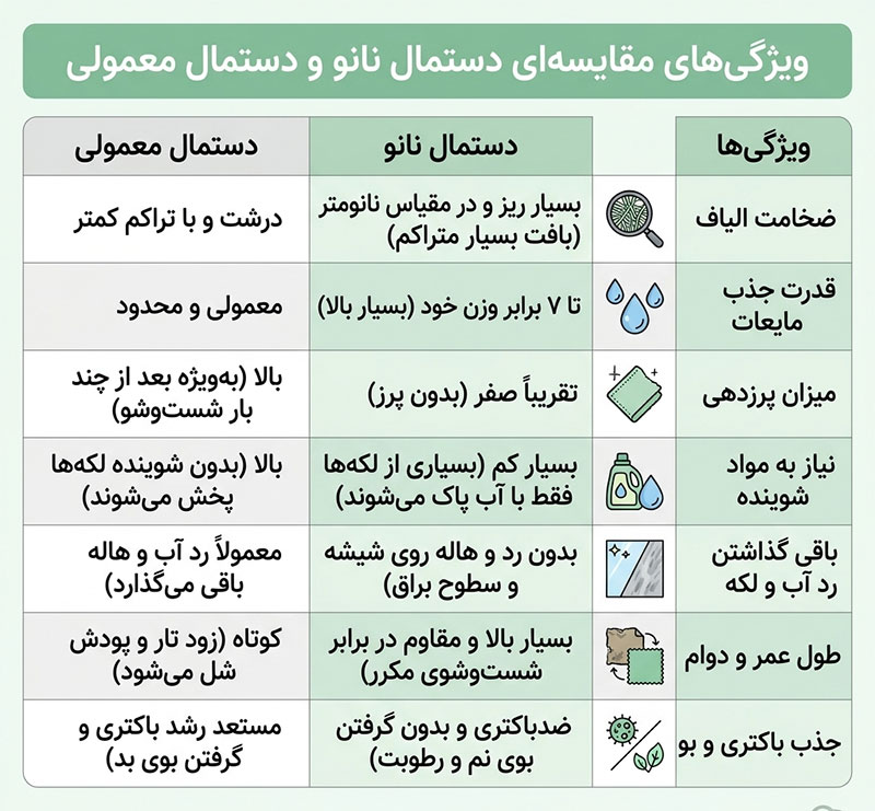 جدول مقایسه دستمال نانو و دستمال معمولی