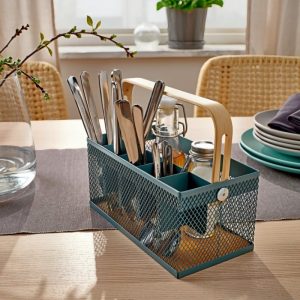 سبد نظم دهنده فلزی توری با دسته چوبی و کفی چوب پنبه ای چند خانه مناسب آشپزخانه و میز کار